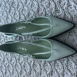 Prada Mint Green Pointed Slingback Flats with Crystal Accent